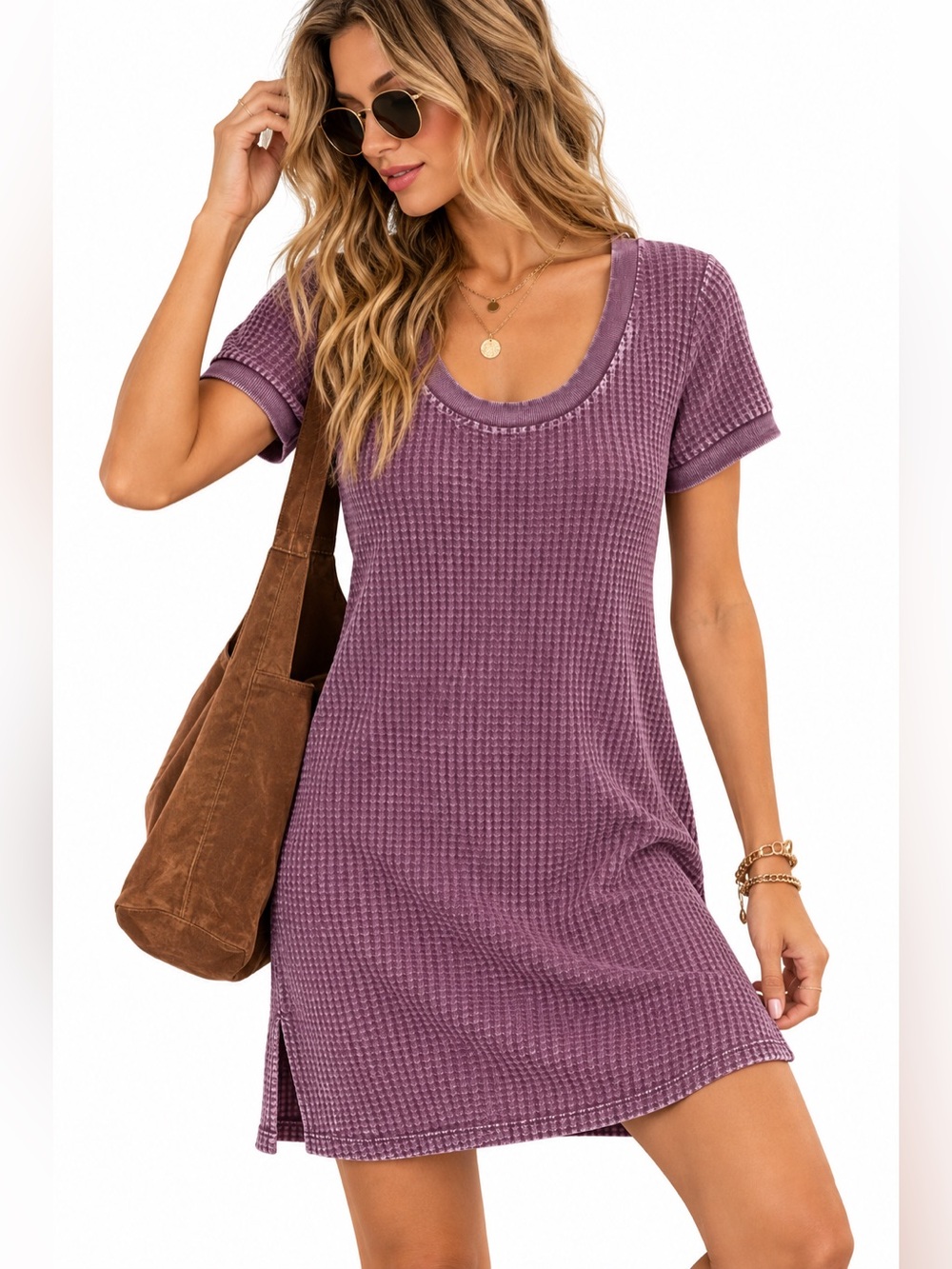 Z Supply Waffle Thermal Washed Mauve Ringer T Shirt Mini Dress Small